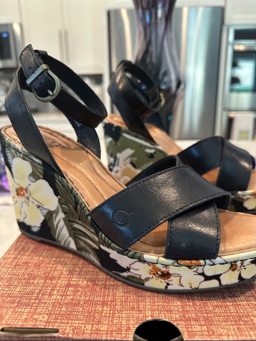 Born black Leather & fabric Floral Wedge Sandals - Women